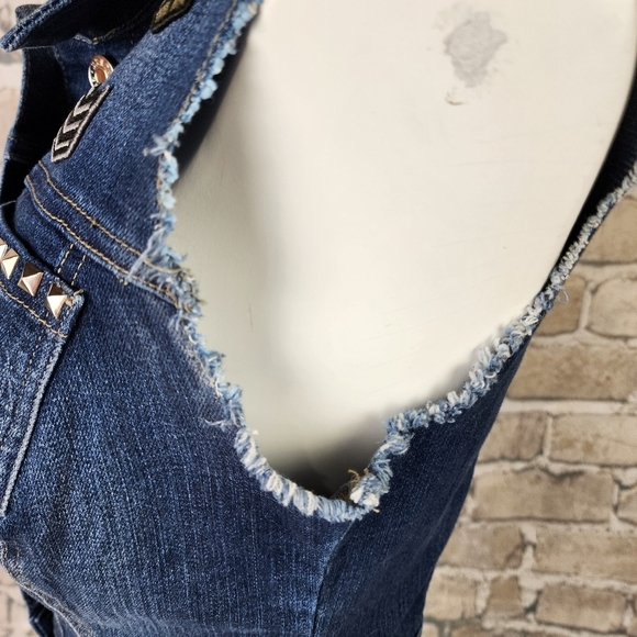 Guess Distressed Denim Vest Medium Blue Wash Button Front Studded Patches Size M - Picture 14 of 16
